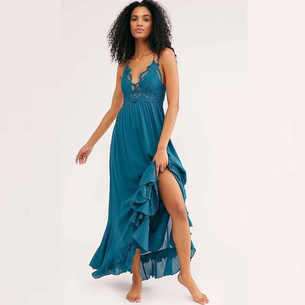 Free People Adella Maxi Slip Maxi Dress Size Large Lace Bohemian Fairy Teal Blue